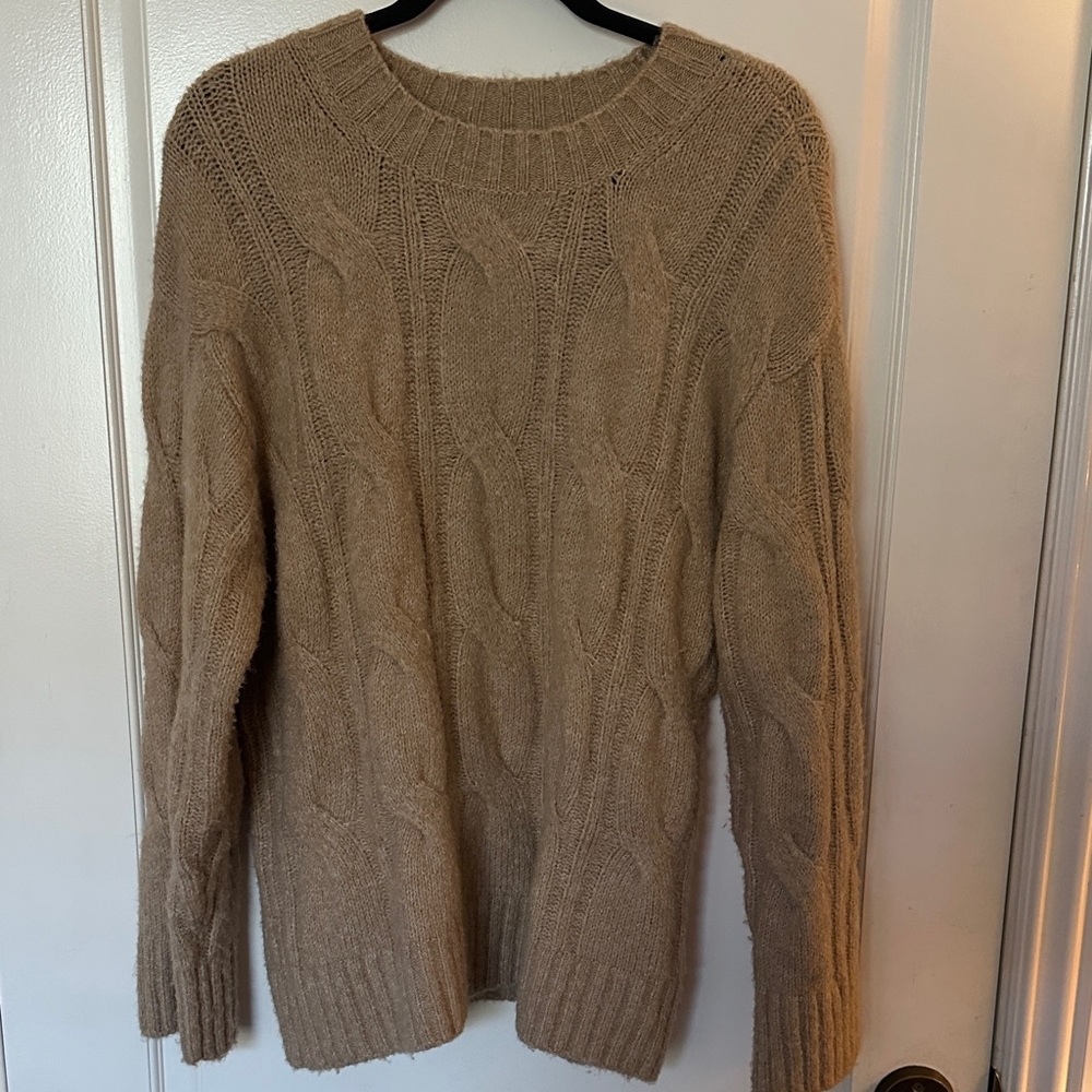 AE whoa so soft Tan Cable Knit Crewneck Sweater